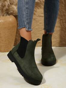 Giày bốt Chelsea cổ thấp nữ thời trang, thoải mái, đa năng, màu trơn, mũi tròn, co giãn, kiểu dáng slip-on, thích hợp cho mùa Thu/Đông. - màu xanh lá - Xem 5
