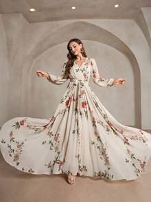 Women's Puff Sleeve Crossed V-Neck Random Print Wrap Tie Waist Dress - Apricot - View 1