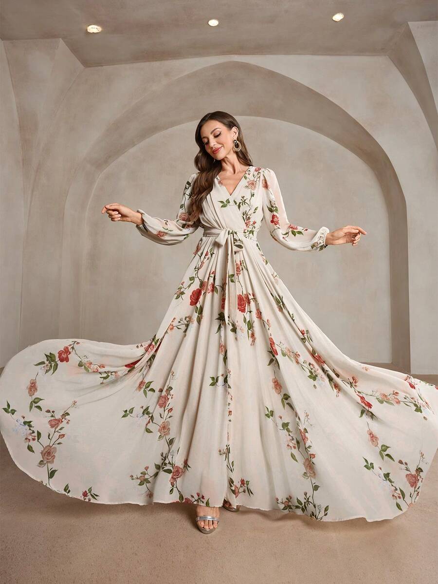 Women's Puff Sleeve Crossed V-Neck Random Print Wrap Tie Waist Dress - Apricot - View 1