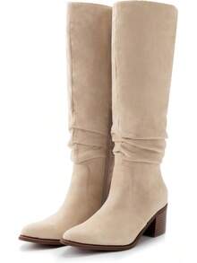 Women's Knee High Chunky Heel Faux Suede Pointed Toe Side Zipper Boots, Athleisure Style - 黑色 - 查看 7