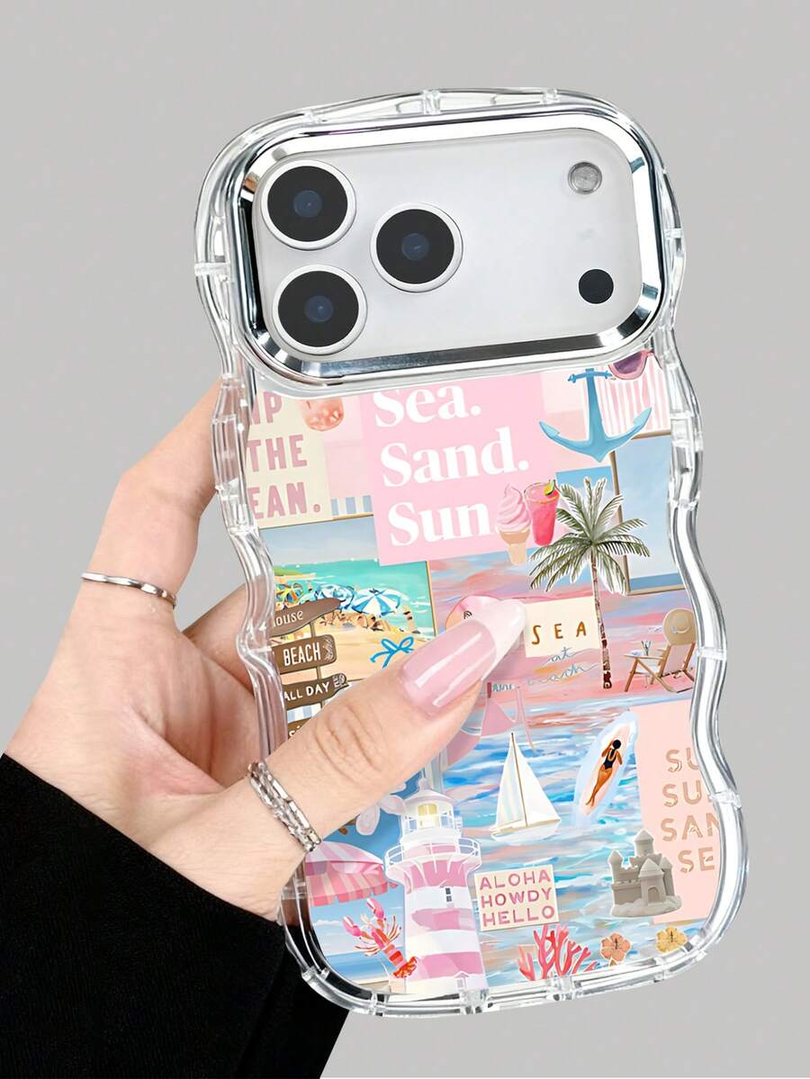 Summer Beach Collage Pattern, Fresh Vacation Style, Transparent Phone Case With Electroplated Ring, Phone Case For IPhone17 PRO MAX IPhone17 AIR /16/15/14/13/12/Pro Max/Pro/Plus, For Galaxy A54/A55/A56/A70/A71/A72/A73/A, Galaxy S26/S25/S24/S23/S22/S21. Wave-Shaped Design, Comfortable Grip, Everyday Reliable Protection. Great Gift Choice For Holidays, Perfect For Users Who Love Ocean Elements And Relaxed Vibes, Pastel Pink Tones With Sailboats, Lighthouses, And Beach Text, Creating A Romantic Island Feel And Summer Energy. - 無色 - 查看 1