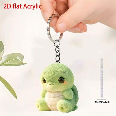 2D 平面可爱小乌龟钥匙扣 - 这款 2D 平面亚克力钥匙圈拥有生动的眼睛和绿色龟壳，非常适合挂在车钥匙和背包上，配有耐用的金属链，是圣诞节和生日礼物的完美之选。