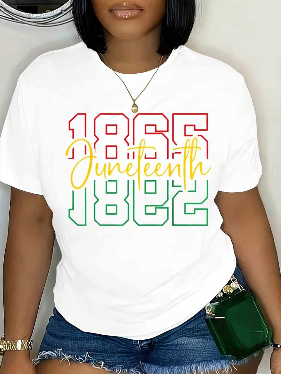 1865 Juneteenth 1822 Print Short Sleeve Women Round Neck T Shirt For Celebration And Everyday Wear - 白色 - 查看 1