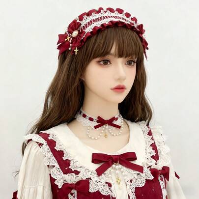 Bộ 2 món gồm băng đô và dây đeo cổ phong cách Gothic Lolita, phụ kiện đội đầu màu tối với nơ, thánh giá và hoa trang trí, phù hợp cho cosplay, tiệc trà và các sự kiện.
