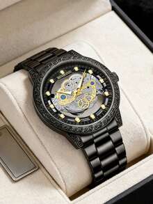 1pc Men's Single-Bridge Design Hollow Minimalist Korean Style Large Dial Luminous Gear Quartz Wrist Watch