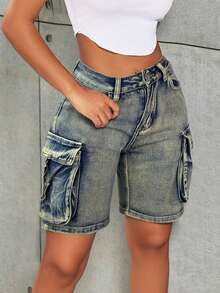 شورت جينز بخصر عالي وجيوب قابلة للطي ذو ساق واسعة بطراز الشارع Y2K، شورت صيفي مريح - أزرق متوسط - مشاهدة 3