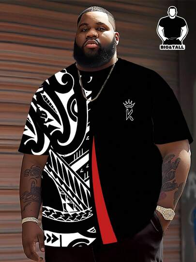 加大码男士黑色纹理T恤，饰有撞色红色条纹和皇冠标志印花，休闲宽松版型，夏季街头风