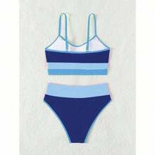 Sporty Striped Swimwear Set - Women's Wire-Free Comfort Top & Stretch Bottom, Ideal For Beach & Pool - Màu xanh lam - Xem 5
