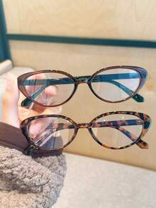 1/2pcs Women Plastic Solid Color Y2K Retro Cat Eye Casual Daily Commute Women Leopard Print Flat Lens Computer Glasses - Multicolor - View 18