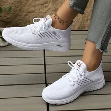 Tênis Esportivos Casuais Femininos Novos, Confortáveis e Respiráveis com Padrão de Escama de Peixe, Cadarço Baixo, Logotipo Lateral, Malha, Adequados para Esportes, Outdoor, Corrida, Caminhada, Uso Diário - Branco - Visão 3