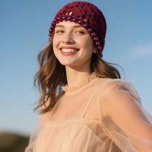 Handmade Crochet Beanie Sun Summer Hat Skull Cap For Women Lace Beach Hat Lightweight,Bead-Red - 珠-紅色 - 查看 5