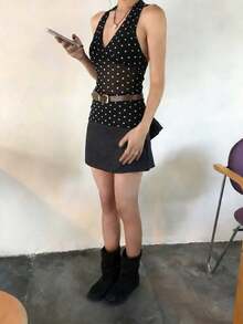 夏季休闲时尚波点印花褶皱露背吊带上衣 黑色 - 黑色 - 查看 6