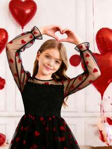 Girls Heart Mesh Overlay Dress, Suitable For Valentine's Day - Black - View 2