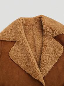 Valentine's Day, Date Night Outfit, Gifts For Her Women's Vintage Brown Faux Suede Sherpa Winter Trench Coat -  Western Style With Notch Lapel & Midi Length | Cozy Fleece Winter Jacket For Casual & Seasonal Wear - màu nâu - Xem 4