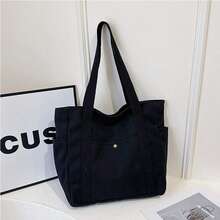 1pc Large Capacity Canvas Tote Bag,Versatile Women's Handbag For Commuter Work Student,Canvas Tote Bag, Large Capacity Women's Bag,Milania - màu đen - Xem 4