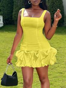 Women's Sleeveless Square Neck Back Zip Ruched Cocktail Party Mini Dress, Bridal Shower Dress, Wedding Dress,Bride - Yellow - View 2