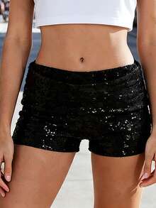 Women Sequin Mini Shorts Low Rise Summer Going Out Micro Shorts Night Out Party Club Outfits - Black - View 4
