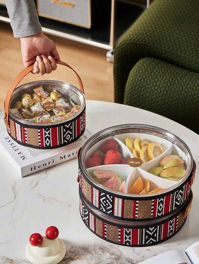 3pcs Bohemian Style Storage Boxes & Trays, Large Capacity Round Organizer Plates, Durable, Suitable For Snacks, Fruits Or Decorative Display, New Year, Ramadan Table Decor, Home Dining, High-End Restaurant Supplies, Housewarming Gift, Summer Home Decor