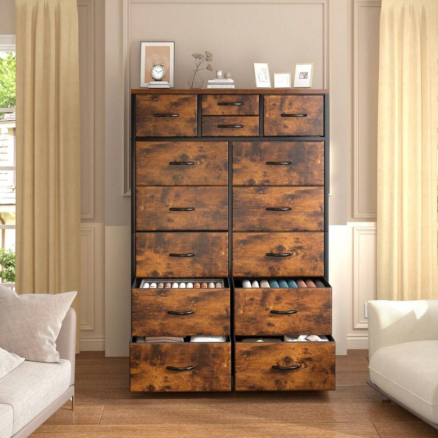 Tall Dresser, Dresser For Bedroom With 14 Drawers, Tall Bedroom Dresser For Bedroom, Large Fabric Dresser With Wood Top And Metal Frame, Mother's Day Decor, Room Decor, Home Decor, Festival Decor - 鏽棕色 - 查看 1
