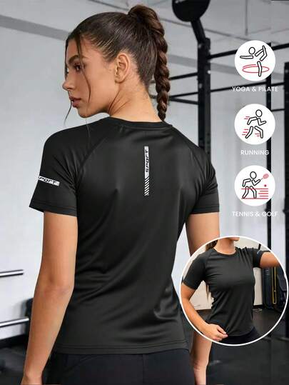 Camiseta deportiva casual de mujer de unicolor, cuello redondo, manga corta, adecuada para fitness, correr, uso diario, con estampados personalizados en negro