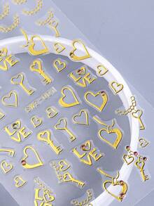 2片装浪漫项链造型美甲贴纸，闪亮亮片爱心3D自粘美甲贴花，金属粉色和蓝色爱心美甲DIY装饰美甲用品，适合女性、女孩、情人节和婚礼美甲设计 - 金色 - 查看 8