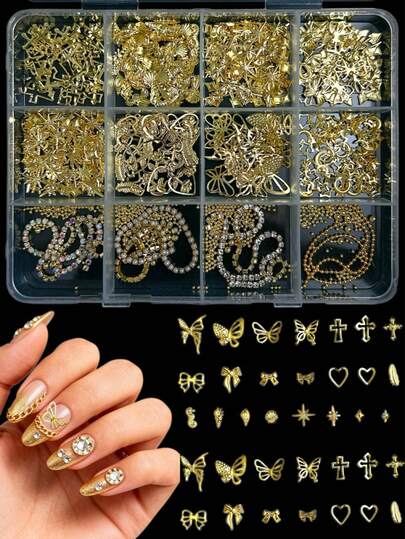 1 caja de accesorios de arte de uñas Y2K surtidos al azar, que incluye láminas de aleación con moños, cruces, estrellas, corazones, conchas, lunas, mariposas huecas, cadenas y taladros planos de agua para decoración de uñas DIY