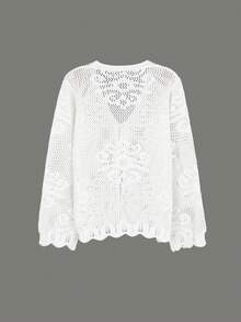 Women's V-Neck Long Sleeve Hollow Tie Ruffle Trim Casual Elegant Cover Up, Suitable For Daily Wear And Vacation, Spring/Summer - White - View 2