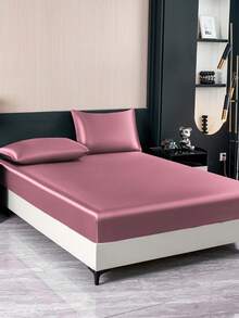 2/3pcs Solid Color Dusty Pink Satin Fitted Sheet Set Simulation Silk Fitted Sheet Set With 1pc Fitted Sheet+1/2pcs Pillow Case Without Filler, Modern Soft Bedding Set For Household King Queen Full Twin Size  Sheet Bedspread Deep Pocket Up To 11.8 Inch Breatheable Wrink-Free Better For Sleep, Machine Washable - Dusty Pink - View 4