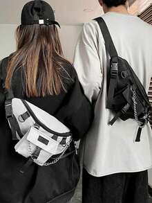 2026新年男士字母链条胸包，休闲纯色拉链链条装饰腰包，男女通用便携斜挎胸包，适合工作、运动、购物、旅行，也适合作为年轻人、学生、男士和女士的节日礼物，以及情人节礼物。