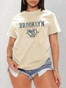 Best Sellers Women's Brooklyn Letter Print Pattern Fashion Sports Casual Round Neck Short Sleeve Pure Cotton Comfort - 杏色 - 查看 6