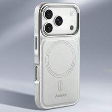 1pc Aunote Grey/White/Brown Luxury Litchi Grain PU Leather Magnetic Phone Case, Featuring Fashionable Electroplated Silver Frame, Slip-Resistant, Dirt-Proof And Durable, Strongest Magnetic Support For Wireless Charging, Car Mount And Various Scenarios, Suitable For IPhone 16/16pro/16pro Max/17/17pro/17Air/17pro Max, Unisex Phone Case Gift - White - View 2