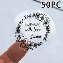 Custom Clear Plastic Stickers With Black Print - Personalized Handmade Lavender Wreath Decals - 50-Pack Adhesive Labels With Love By Your Name