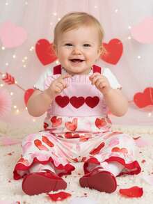 Valentine's Day Baby Girls Overalls Cute Heart Embroidery Sleeveless Square Neck Bell Bottoms Jumpsuit - Red - View 2