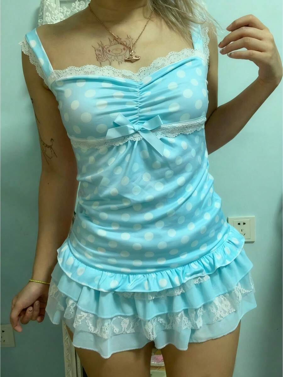 Women Y2k Backless Tank Top Vintage Lace Trim Floral Patchwork Cami Crop Top Summer Party Club Vest 00s Retro Shirt - 淺藍色 - 查看 1
