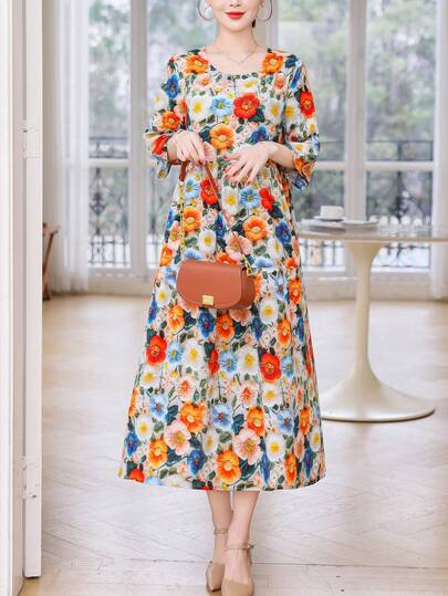 Nuevo vestido midi bohemio de manga corta con estampado floral retro elegante y casual para mujeres, ideal para vacaciones en primavera
