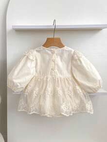 韩版女童春秋季刺绣网纱荷叶边连体连衣裙，公主爱心设计 - 杏色 - 查看 3