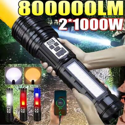 800000LM Linterna extra grande de 4000 metros de alcance, súper brillante con 14 modos, recargable, con zoom y doble fuente de luz COB lateral. Linterna táctica adecuada para acampada al aire libre, pesca, caza y iluminación de emergencia en el hogar.