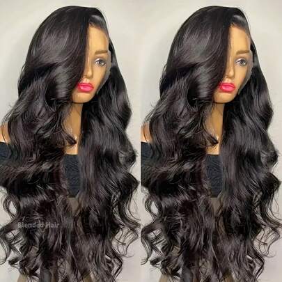 34 Inch Brazilian Virgin Hair Lace Front Wig,Natural Black Color, 200% Density, Natural Hairline, No Glue Needed, Mixed Human Blended Hair, 13x4, 5x5, 13x6 HD Lace Front Wig, Pre-Plucked Hairline With Baby Hair, Wavy Curly Mixed Wig, For Women