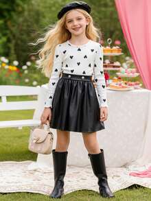 Girls' Heart Print Mid-Length Dress With Faux Leather Skirt, Suitable For Spring & Autumn - White - View 3