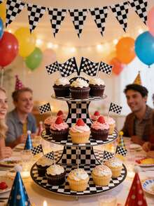Racing Theme Birthday Decoration Set, Black & White Checkered Flag Banner, 3-Tier Racing Theme Cupcake Stand, Mini Checkered Flag Cupcake Decorations, Black & White Checkered Pattern Decor, Suitable For Car Themed Party Supplies, Racing Theme Party Decorations, Birthday Party Decor, Checkered Party Decor, "Race Car Party" Supplies, Creative DIY Cake Decorations, Birthday Party Centerpieces, Cupcake And Dessert Display Stand, Baby Shower - Multicolor - View 2