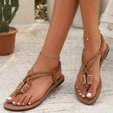Women's Retro Comfortable Woven Metal Buckle T-Strap Flat Toe Ring Sandals, Brown PU Leather, Suitable For Summer Beach, Vacation And Daily Wear - Brown - View 14
