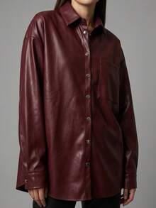 Grenj Fashion Black Oversized Pocket Detail Leather Shirt, Solid Color Casual Everyday Front Button Shirt - Burgundy - View 2