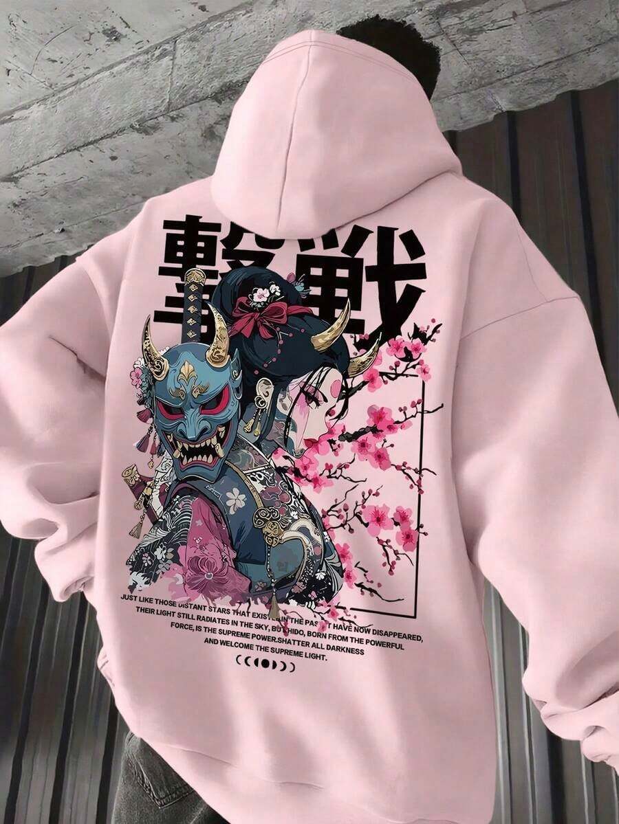 Wonen Men's Casual Fashionable Street Style Everyday Commute Japanese Anime Character Slogan Print Kangaroo Pocket Drawstring Hoodie, Autumn/Winter - 粉色 - 查看 1