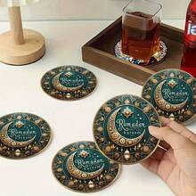 6件套复古曼陀罗星月图案杯垫，绿色主题，圆形木质饮料杯垫/餐垫，耐热防滑，适用于家庭厨房和咖啡馆，节日派对装饰礼品，斋月庆祝活动装饰的理想之选 | 精致工艺，斋月装饰品 - （非电动） - 多色C - 查看 4