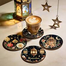 4pcs/Set Islamic Style Coasters, Featuring Vintage Lantern, Moon, Star, And Floral Patterns, Heat-Resistant Coasters Suitable For Coffee, Tea, And Other Beverages, Home And Kitchen Accessories. - Multicolor - View 5