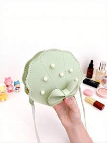 女孩人造珍珠和蝴蝶結裝飾貝殼包迷你 - 淺藍色 - 查看 12