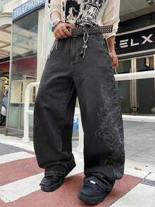 1pc Men's Fashionable Casual Wide Leg Pants, Loose Fit College Style, Comfortable Street Laser Graphic Jeans (No Belt Or Accessories) - 黑色 - 查看 3