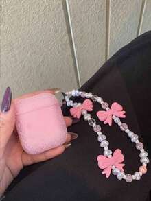 1个粉色水钻耳机盒，兼容AP1/AP Pods2/Pods3/Pods Pro/Pods Pro2，搭配粉色蝴蝶结、小珍珠和心形手工腕带 - 粉色 - 查看 5