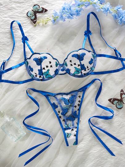 Style Dream 两件套性感内衣套装，女士款，饰有花卉刺绣，网纱文胸和内裤，透视闺房风格，适合情人节、约会和亲密场合。