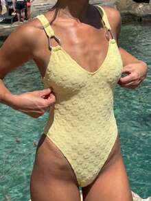 2026 New Women's Yellow Floral Jacquard V-Neck One-Piece Swimsuit With Metal Strap Decor, Beach Holiday Outfit, Suitable For Valentine's Day, Carnival Vacation Summer - Yellow - View 4